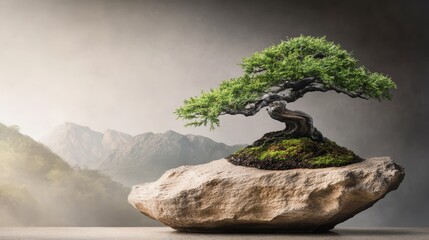 A serene bonsai tree perched on a rock, symbolizing harmony and balance in nature amidst a tranquil backdrop.