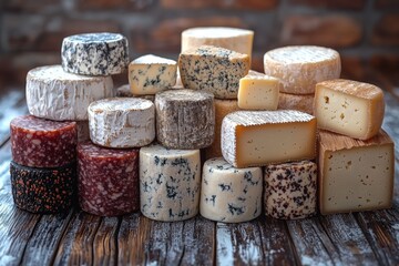 Assortment of cheese on wooden table, closeup. Dairy products. Cheese Selection. Large assortment of international cheese specialities.
