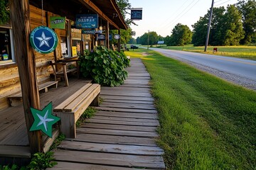 A rural road leading to a quaint general store, its wooden porch adorned with old-fashioned signs and benches for locals to gather