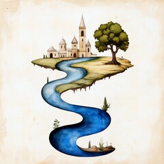 Watercolor Illustration of a Floating Island with a Castle and a River