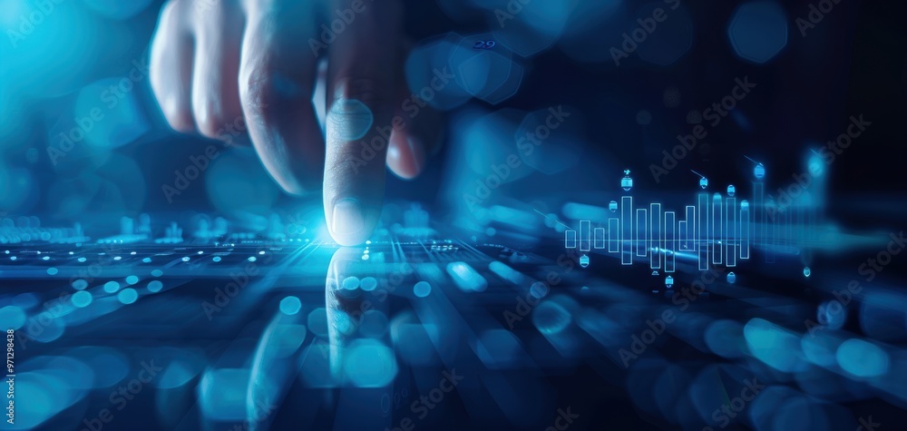 Poster A close-up of a hand interacting with a glowing digital interface, showcasing technology and innovation in a modern setting.