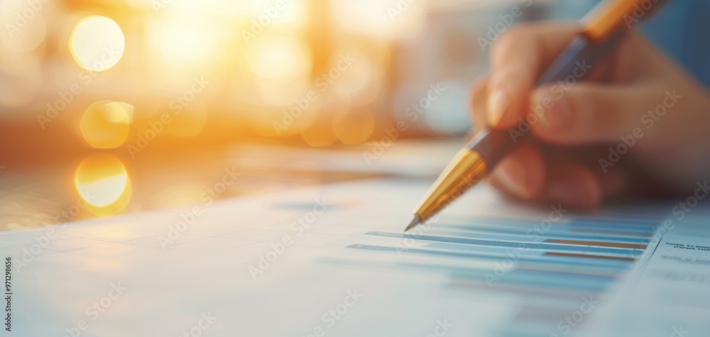 Poster A close-up of a hand holding a pen over a document with graphs, symbolizing business growth and data analysis.