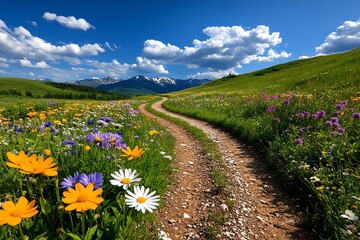 Fototapeta premium A rural road winding through a colorful wildflower meadow, the vibrant colors creating a stunning contrast against the blue sky