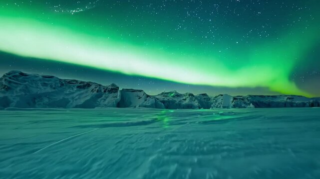 FPV shot of flying over snowy Arctic tundra under the Northern Lights with vivid greens and purples reflecting on the snow