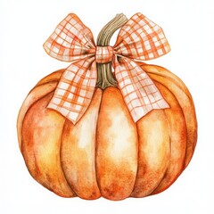 A watercolor illustration of a pumpkin adorned with a checkered bow.