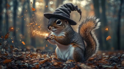 Obraz premium A whimsical squirrel in a wizard hat conjuring magic in a forest.