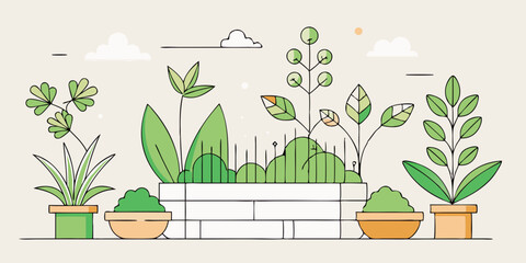 A minimalist line art design of a small herb garden with basil, thyme, and mint.

