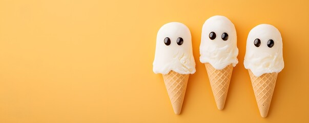 Charming ghost-shaped ice cream cones on a vibrant yellow background, perfect for festive fall and Halloween-themed content.