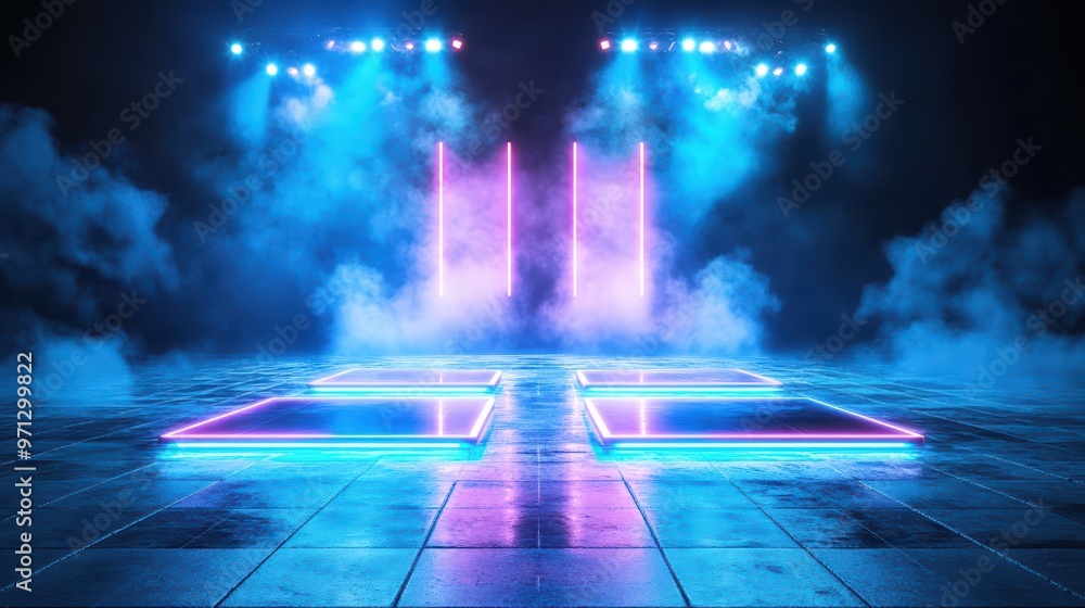 Aufkleber vibrant stage with neon lights and fog creating an energetic atmosphere for a performance or event.