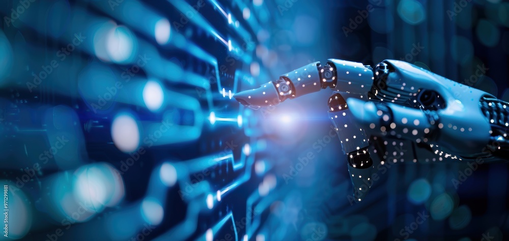 Poster Futuristic robotic hand interacting with a digital interface, symbolizing technology and innovation.
