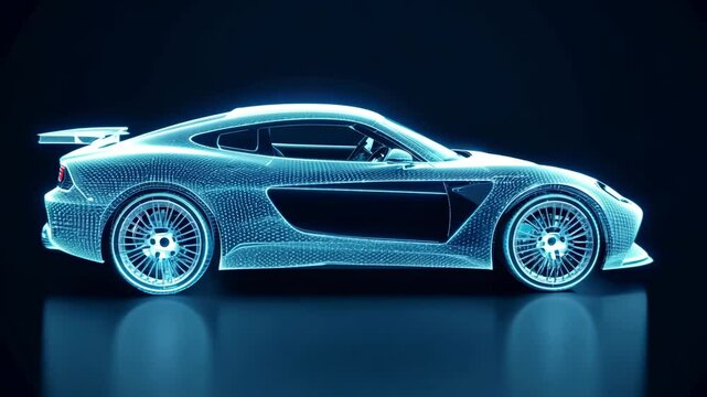 
A holographic wireframe sports car spinning against a dark blue background, showcasing sleek lines and high detail in a futuristic design