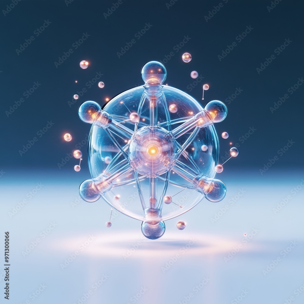 Poster a captivating 3d representation of an atom, highlighting its structure and electrons in vibrant colo