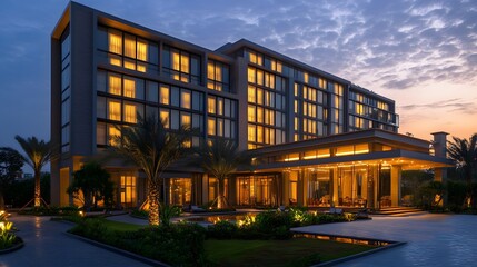 Obraz premium Modern Hotel Building with Illuminated Windows at Dusk