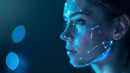 Beautiful woman is shown with an salon skincare AI face scan system overlayed on her face, showing lines and dots connected to form facial muscle shapes abstract background with pastel colors