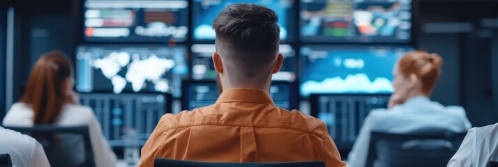 Back view of a team of analysts monitoring multiple data screens in a control room, focusing on data analysis and real-time information tracking