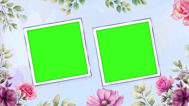 Wedding flower watercolor composition with polaroid template green screen, floral background seamless loop animation background