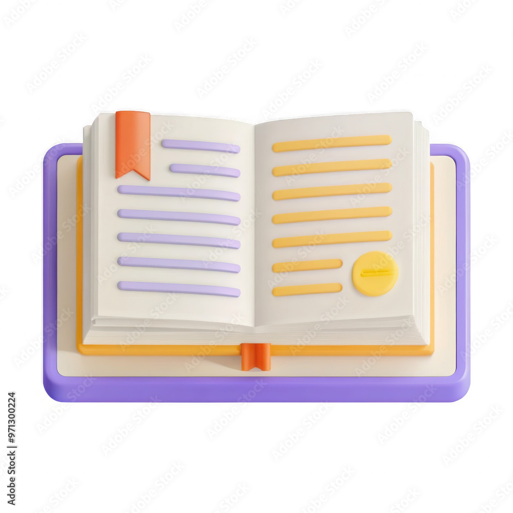 Fototapete 3d rendering of an open book icon with text and colored labels. the image shows a stylized book with
