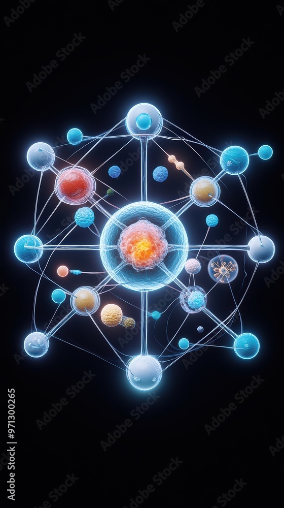 Aufkleber a captivating visualization of an atomic structure, showcasing particles interconnected in a cosmic 