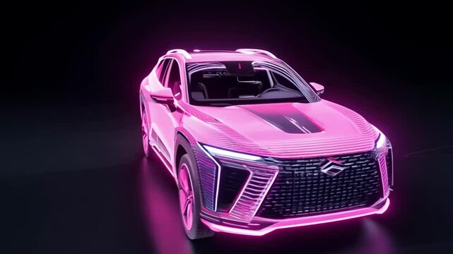 A holographic wireframe SUV spinning with pink highlights, displayed in high detail against a dark background
