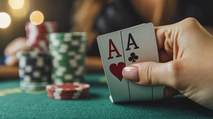 Close-up of a Hand Holding Two Aces in a Casino Setting