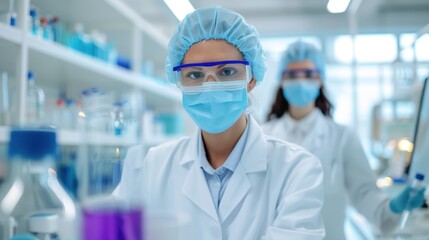 Two female scientists wearing masks, gloves, and lab coats, working in a laboratory setting with various chemicals and equipment.