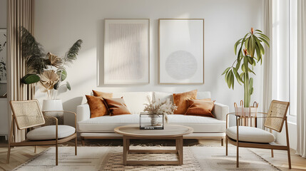 Friendly interior style. living room. Wall mockup. Wall art. 3d rendering. Generative Ai.