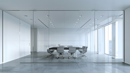 Glass meeting room interior with board and chairs, window and mock up wall Mock up. Generative Ai.