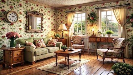 A living room with a floral pattern wallpaper, a green couch with floral pillows, a coffee table, two chairs, two windows, a lamp, a mirror, and a clock, with wooden floors.