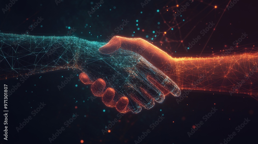 Poster a handshake between a human hand and a virtual hand, symbolizing the digital connection and online t