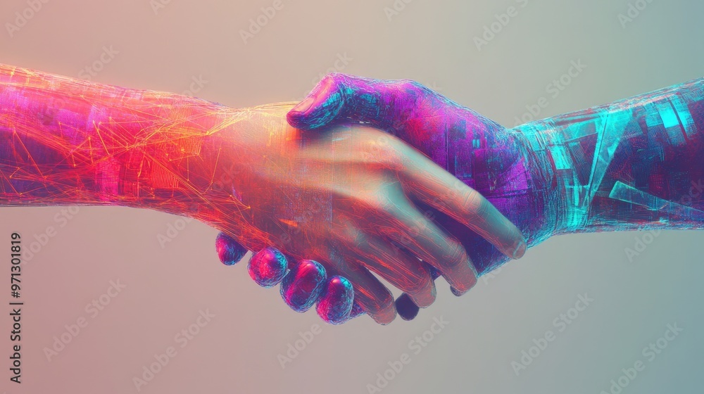 Poster a handshake between a human hand and a virtual hand, symbolizing the digital connection and online t