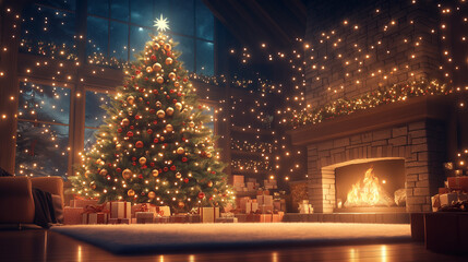 anime style cartoon A large Christmas tree in a cozy living room, decorated with glowing string lights, red and gold ornaments, and a bright star on top.