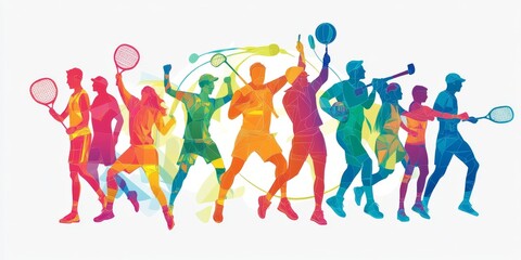 Colorful silhouettes of diverse athletes playing various sports