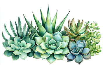 Fototapeta premium A watercolor illustration of various succulent plants arranged artistically.