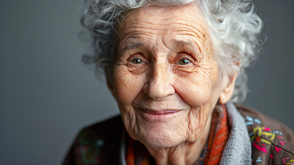 Sweet smiling elderly woman casually dressed, close-up portrait. A happy, poor old woman. Senior Women with Gentle Smile