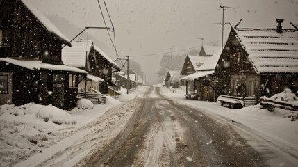Fototapeta premium Imagine a peaceful New Year's morning in a small, picturesque village. Snow gently falls, blanketing the rooftops and streets. 