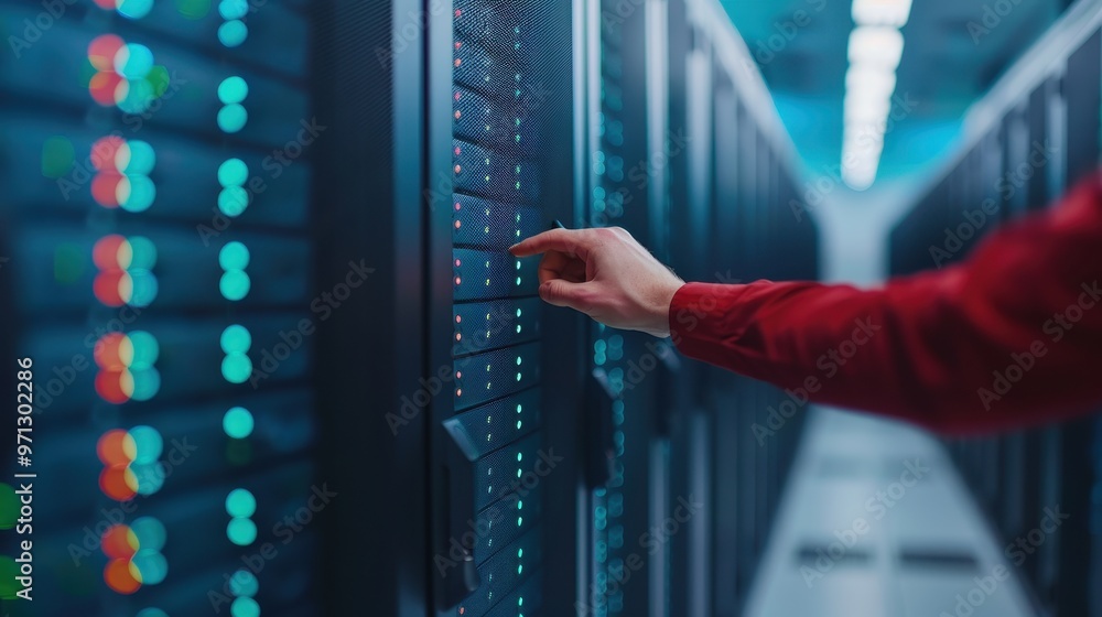 Aufkleber it technician managing servers in a data center with illuminated equipment racks