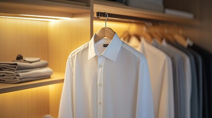 White formal shirt hanging in a wooden closet