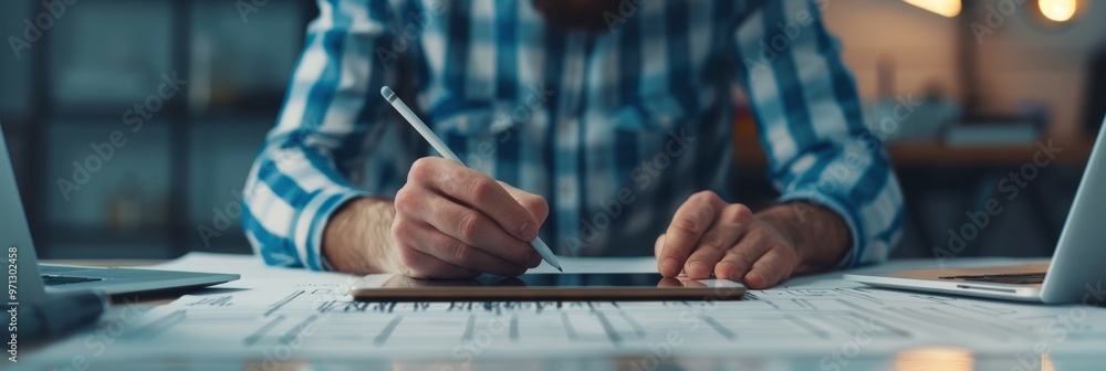 Poster a close-up of a designer using a stylus to draw on a tablet, surrounded by papers and a laptop in a 