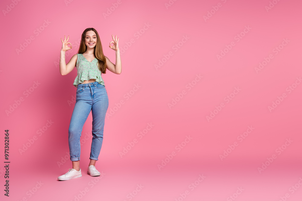 Sticker full body portrait of pretty young girl okey symbol empty space wear top isolated on pink color back