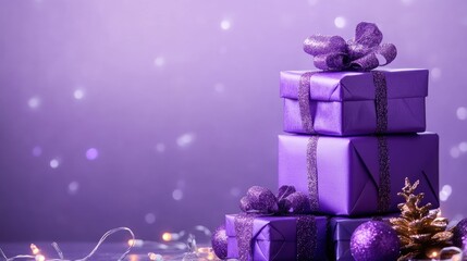 A stack of beautifully wrapped purple Christmas gift boxes, set against a matching purple background with soft holiday lighting