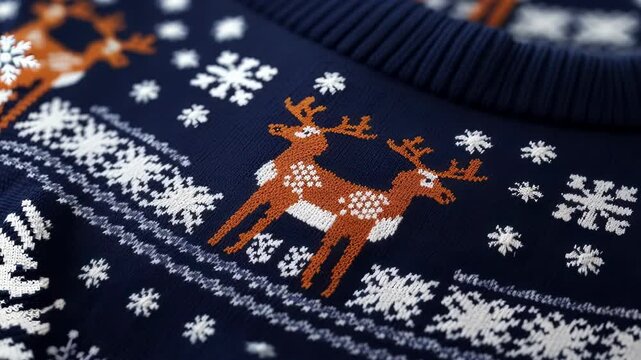 Embrace the cozy warmth of a classic christmas sweater with a timeless reindeer and snowflake pattern in shades of blue. White. And orange