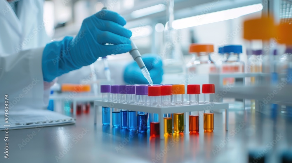 Poster close-up of a scientist's hand using a pipette to transfer liquid into test tubes containing colorfu