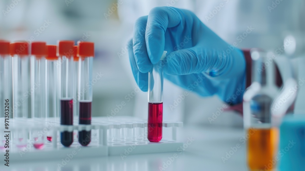 Poster close-up of a scientist's hand using a pipette to transfer liquid into test tubes containing colorfu