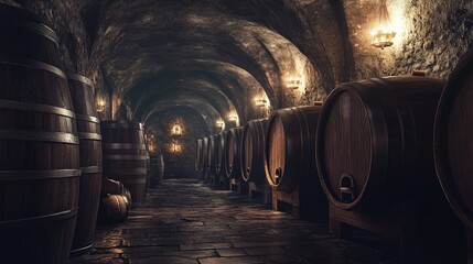 A wine vault filled with aged wooden barrels, bathed in soft, moody lighting, evoking a sense of history and tradition in the winemaking process