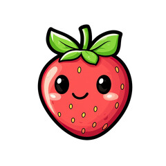 Obraz premium This image is of a happy strawberry cartoon character with green leaves and a cheerful expression, smiling joyfully against a white background. It's designed in a cute and playful cartoon style.