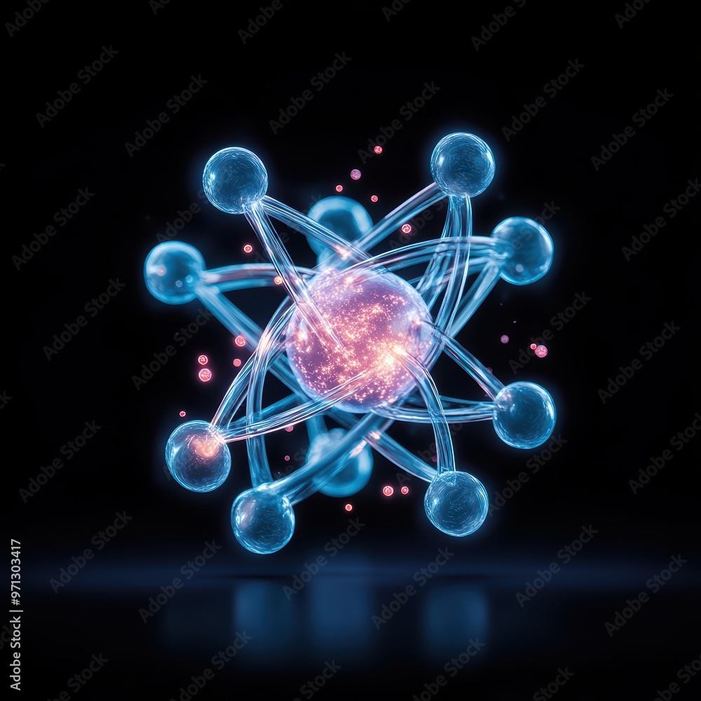 Poster a glowing representation of an atom, showcasing protons and electrons in a vibrant and dynamic struc