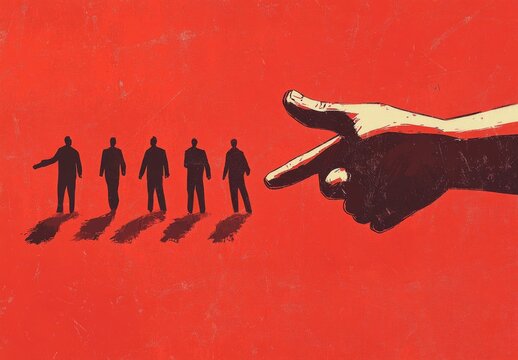 Giant hand pointing at walking men on red background representing control and authority