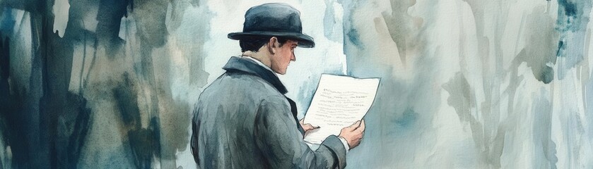 Shrouded in mystery, detective finding message hidden in plain sight, subtle clues, Watercolor style