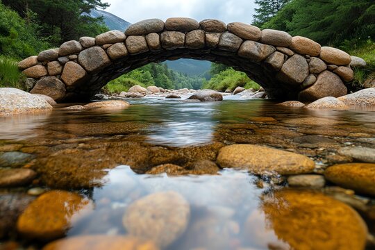 A stone bridge spanning a small river, built with smooth rocks that have stood the test of time