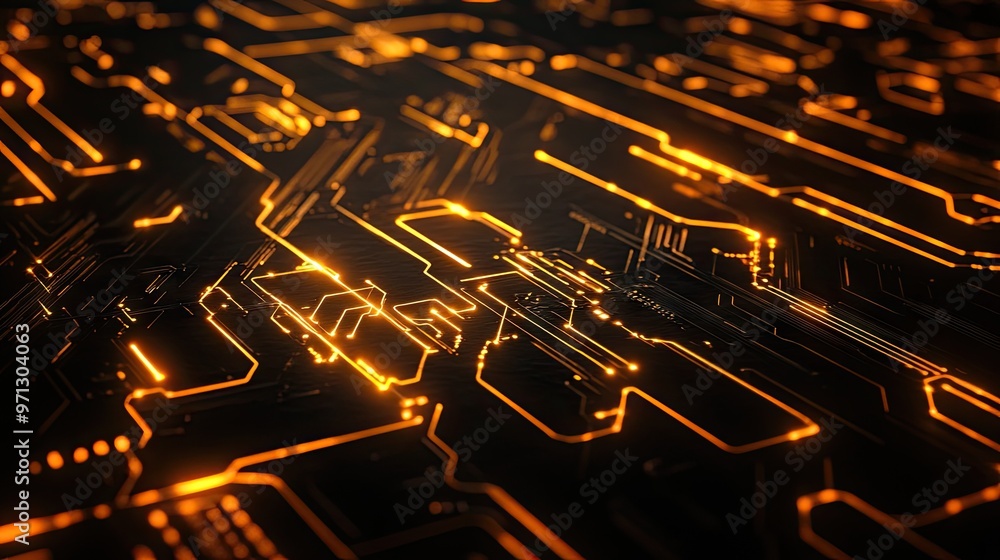 Poster abstract futuristic circuit board design, with glowing lines and intricate patterns against a dark b